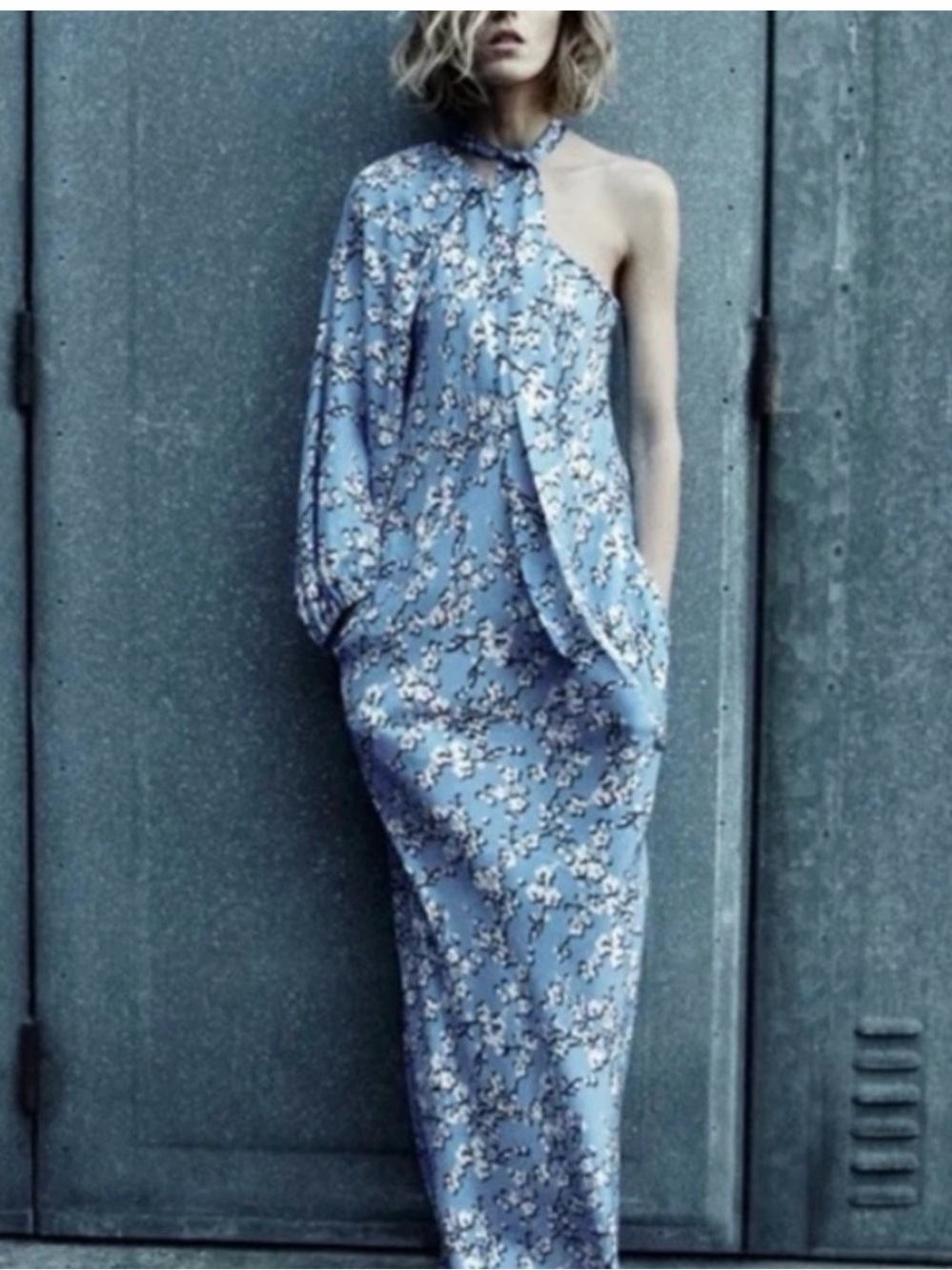 Zara Studio Blue Floral One-Shoulder Maxi Dress